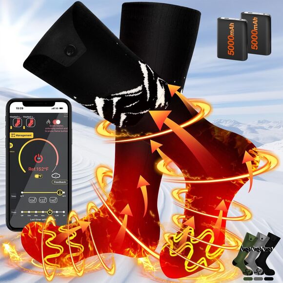 SNOW LEOPARD Rechargeable Heated Socks w App Control Batteries Black Large - Picture 1 of 11